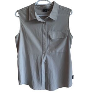 Canadiana Sleeveless Button Down Shirt Sz S Grey Utility Pocket Adjustable Waist